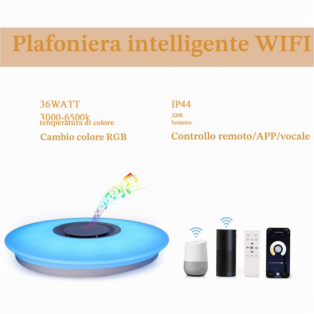 LED Plafoniera Smart WiFi Telecomando con Altoparlante Bluetooth, Dimmerabile, 36W Cambia Colore, Compatibile con Alexa e Google Home, 2800lm, per Camera da Letto, Camera dei Bambini, Soggiorno