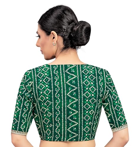 Image of Studio Shringaar Women's Cotton Bandhni Printed & Embroidered Saree Blouse With Elbow Length Sleeves