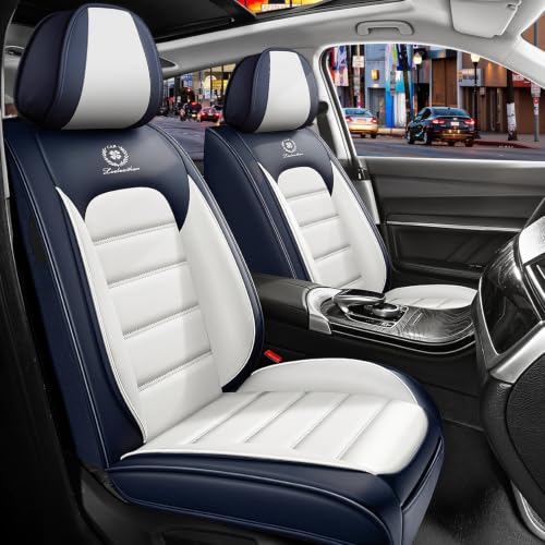 Image of Front Set Car Seat Covers for Jeep Compass 2007-2026, Waterproof Stain-Resistant Seat Cover, Premium Nappa Leather Seat Protectors with Storage Pockets(Standard 2 Seats /Blue&White)