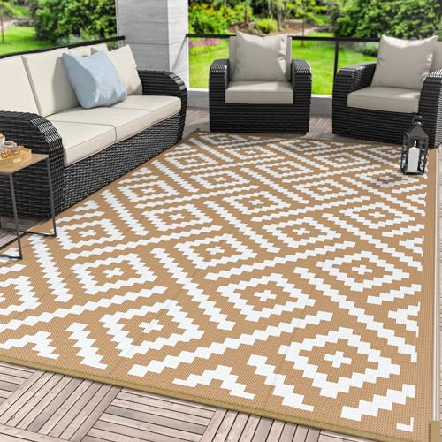 Image of GENIMO Outdoor Rug, Waterproof Plastic Rugs for Patio, 6'x9' Brown White