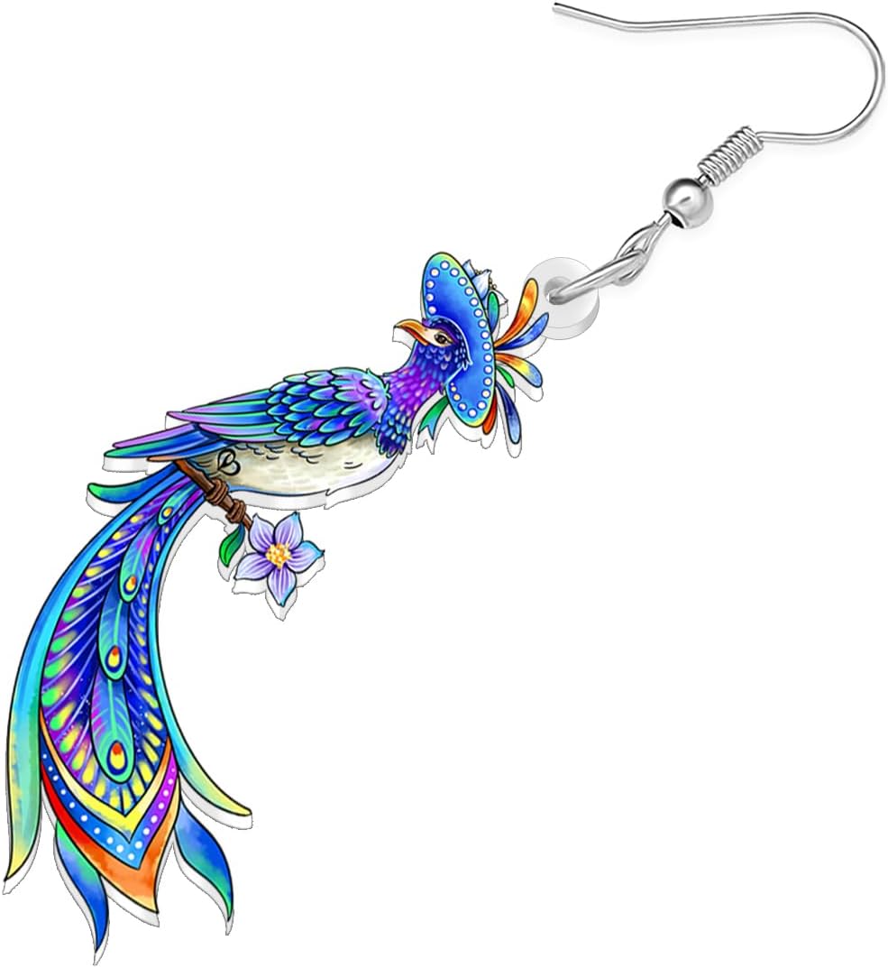 BONSNY Colorful Peacock Dangle Earrings, Turquoise Blue Acrylic Birds Design with Floral Accents, Decorative Spring Summer Hook Design, Bohemian Style,Jewelry Gifts for Women Accessories image 4