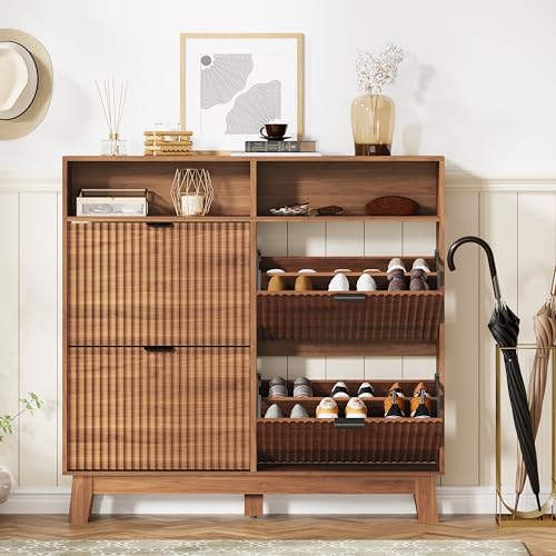 Image of Shoe Cabinet Storage for Entryway with 4 Flip Drawers, Fluted Narrow Shoe Organizer with Wooden Legs & Top Cubby, Freestanding Slim Shoe Storage Hidden Shoe Rack for Front Door Entrance, Walnut