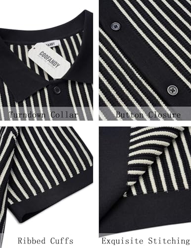 Image of COOFANDY Mens Knit Button Down Shirts Short Sleeve Polo Shirt Vintage Striped Casual Shirts