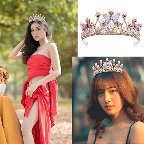 Image of RENESMEE Crystal Tiara Crown Pearl Princess Costume Crown Headband Flower Pageant Handmade Hair Accessories Cosplay, Birthday, Celebration for Girl Women