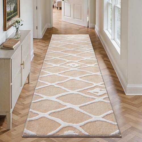 Beige LäUfer Flur Teppich 60x240cm Flauschig Waschbarer kurzflor rutschfest Weich Moderner 3D Effekt Teppiche für Küchen Hallway Bettvorleger Wohnz