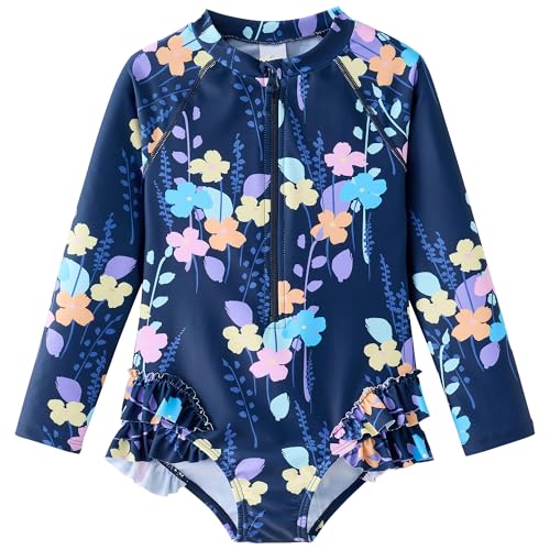 Image of UMELOK Girls Long Sleeve Rash Guard One Piece Swimsuits UPF 50+ Ruffle Zipper Bathing Suit 4-10 Years