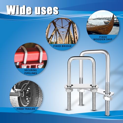 Image of U-Bolts 4 Sets 1.97 inch(50mm) Inner Width 180mm Length Steel M10 with Nut, Plate, Washer，Feylan Square U-Bolts, Ski Boat, or Sailboat Trailer