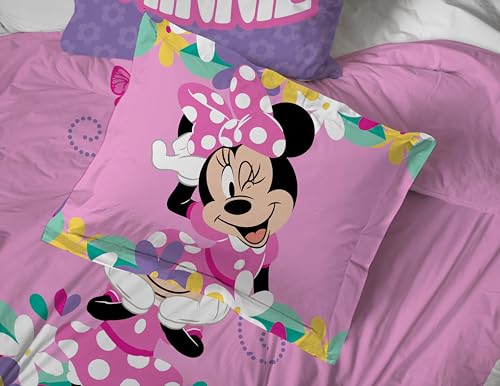 Image of Disney Minnie Mouse Twin Comforter Set 5 Piece Kids Cartoon Bedding, Pink | Bed in a Bag, Comforter Sheets Sham Pillowcase, Official Brand, Soft Microfiber, Machine Washable, Easy Care, Girls Gift