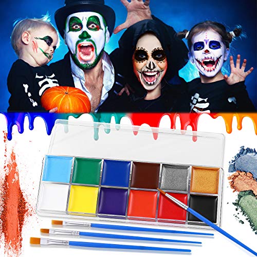 ETEREAUTY Face Body Paint, Halloween Cosplay Makeup with 12 Colors, 5 Disposable Towels, 4 Brushes - Face Painting Kits for Kids and Adults, Face Paint Kit for Sensitive Skin, Easy on/off
