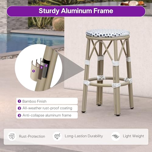 Image of PURPLE LEAF Patio Round Counter Height Stool Set of 2 Outdoor Backless Barstools Aluminum Frame in Champagne Finish with White & Blue Woven Rattan for Indoor Kitchen Dining Bistros Cafe Restaurant
