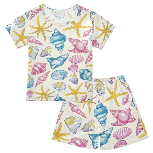ALAZA Seashell Beach Starfish Pajamas Short Sleeve 2 Piece Sleepwear Top and Bottom Pajama Set Unisex