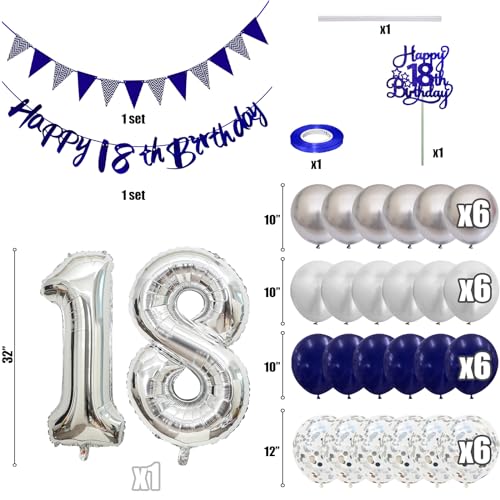 Image of 18th Birthday Decorations for Boys Girls, Blue Happy 18th Birthday Banner with Blue Silver 18th Balloons Cake Topper Number 18 Foil Balloonfor 18 Year Old Party Decoration