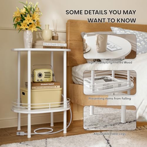 Image of Small Oval Side Table with Charging Station, 2-Tier White Round End Table | Narrow Nightstand with USB Ports and Outlets, Bedside Table for Small Space - Living Room, Bedroom, Nursery,(1PC,White)