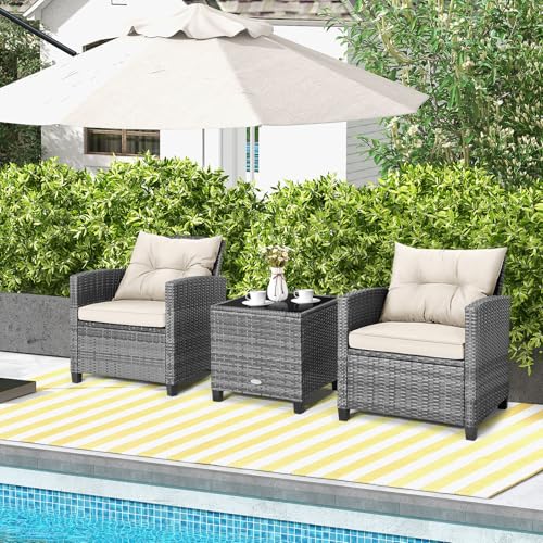 Image of Tangkula 3 Pieces Patio Furniture Set, PE Rattan Wicker 3 Pcs Outdoor Sofa Set w /Washable Cushion and Tempered Glass Tabletop, Conversation Furniture for Garden Poolside Balcony (Mix Grey-White)