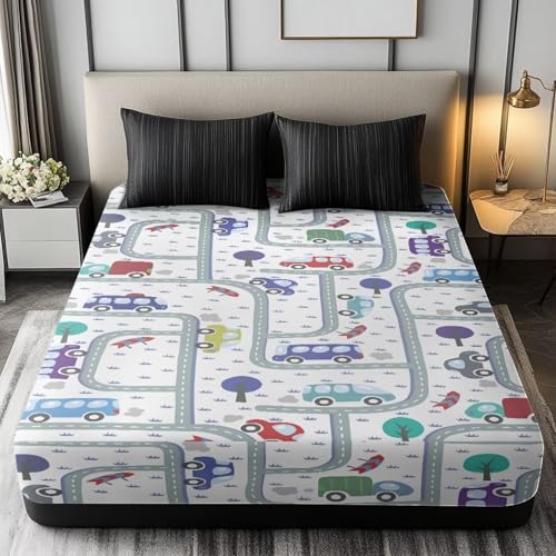 GLENLCWE Transportation Rail Car Fitted Sheet for Kids Boys Bedding Covers with All Round 16
