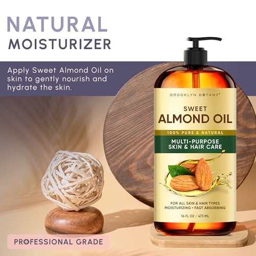 Image of Brooklyn Botany Sweet Almond Oil | 16 Fl Oz | Hair | Face | Body | 100% Pure and Natural | Carrier Oil | Aromatherapy | Massage | Ayurvedic Hair Care | Hexane-Free