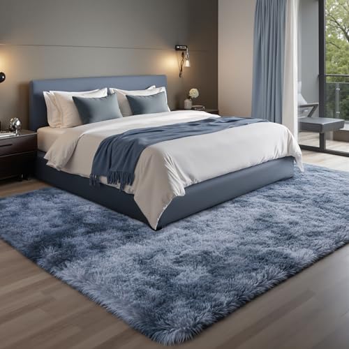 Zentavio Area Rugs for Living Room Large Rugs for Bedroom 8x10 Carpet Fluffy Fuzzy Soft Shag Aesthetic Plush High Pile Gray Throw Rug for Nursery Kids Room Dorm Tie-Dyed Blue Grey