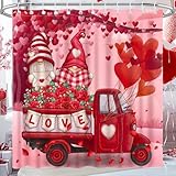 Valentines Day Shower Curtain Gnome Truck Valentine's Day Shower Curtain for Bathroom Valentine Romantic Red Heart Aesthetic Fabric Waterproof Cute Bathroom Shower Curtains Set with Hooks 72x72 Inch