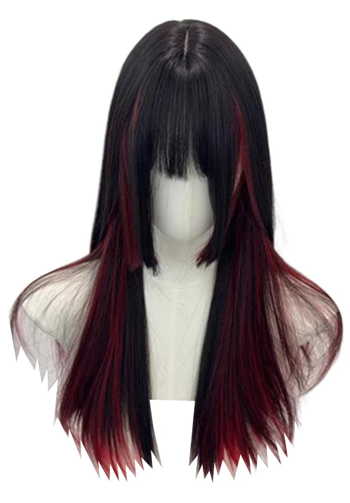 Black Highlights Red Long Straight Hair with Bangs Women Princess Cut Wig Synthetic Full Head Wig for Daily Party Black Highlights Red Long Straight Hair with Bangs Women Princess Cut Wig Synthetic Full Head Wig for Daily Party