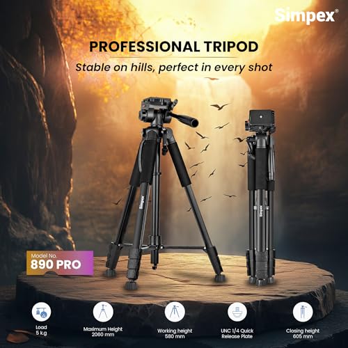 Image of Simpex Tripod 890 PRO Platinum Aluminum Light Weight Tripod, with Fluid Video Head, for DSLR Camera, Max Operating Height:7Feet,Max Load:5kg