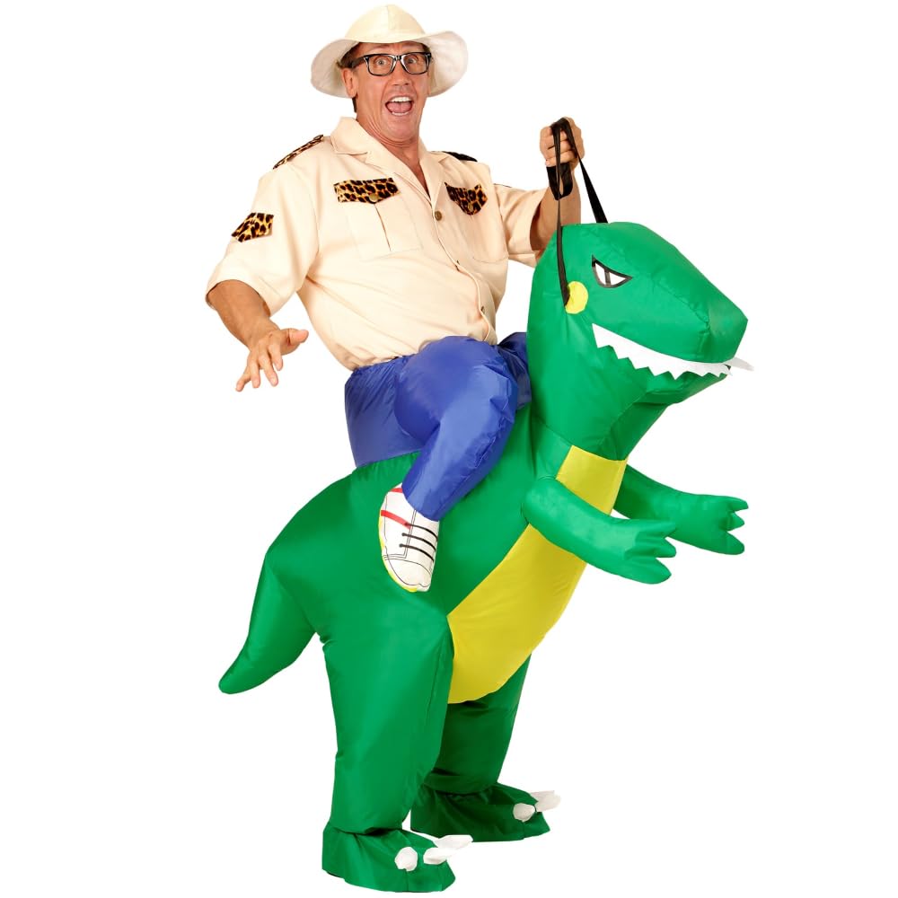 CARTOON Travestimento gonfiabile esploratore su dinosauro per adulti costume divertente con ventola e cappello inclusi taglia unica costume carnevale originale per feste a tema ed eventi comici