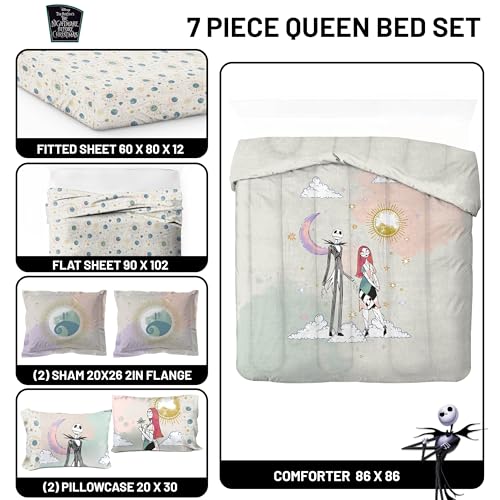 Image of Disney Nightmare Before Christmas Queen Comforter Set 7 Piece, Multi | Jack Skellington Sally, Bed in a Bag, Comforter Sheets Shams Pillowcases, Soft Microfiber, Machine Washable, Girls Gift