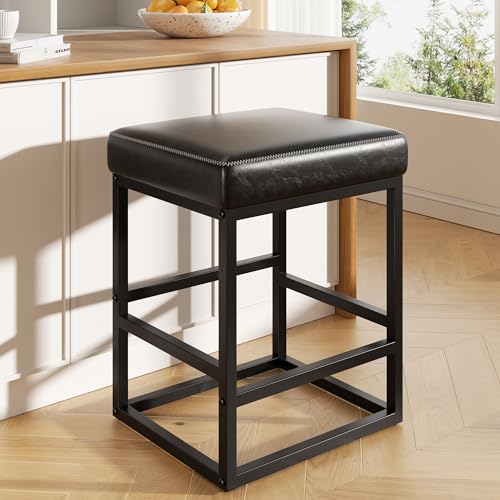 Image of Bar Stools, 24in Counter Height Barstools, Faux Leather Counter Stools with Thick Square Seats & Sturdy Metal Base, Modern Bar Chairs for Kitchen Island (Black)