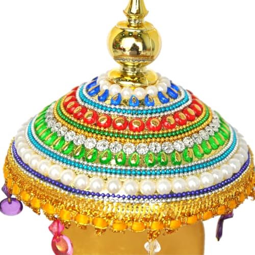 Image of Decorated Adjustable Umbrella Chhatra with Hanging Crystals (20x10x10cm) for God Idol, Car Dashboard Office Desk Table Home Temple Decor Showpiece, Chatri Aasan L -19