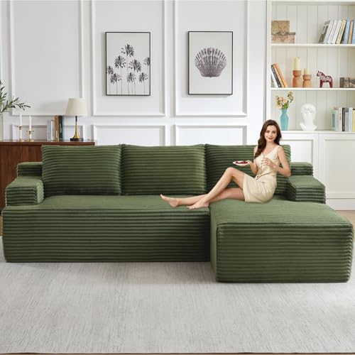 Image of 96.1 inch Modular Sectional Sofa Couches L-Shape Couch 3 Seat Modular Sofa Corduroy Memory Foam Sectional Boneless Couches for Living Room, Cloud Couch with Oversized Chaise(Green, Right Facing)