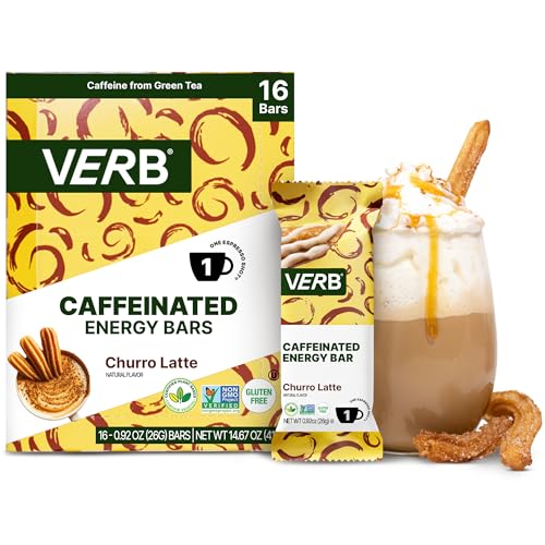 Verb Caffeinated Energy Bars Churro Latte (26g Pack of 16) 110-Calorie Delicious Low Sugar Energy Bar - Vegan Gluten Free On-the Go Snack with 80mg Green Tea Caffeine Only Real-Food Ingredients
