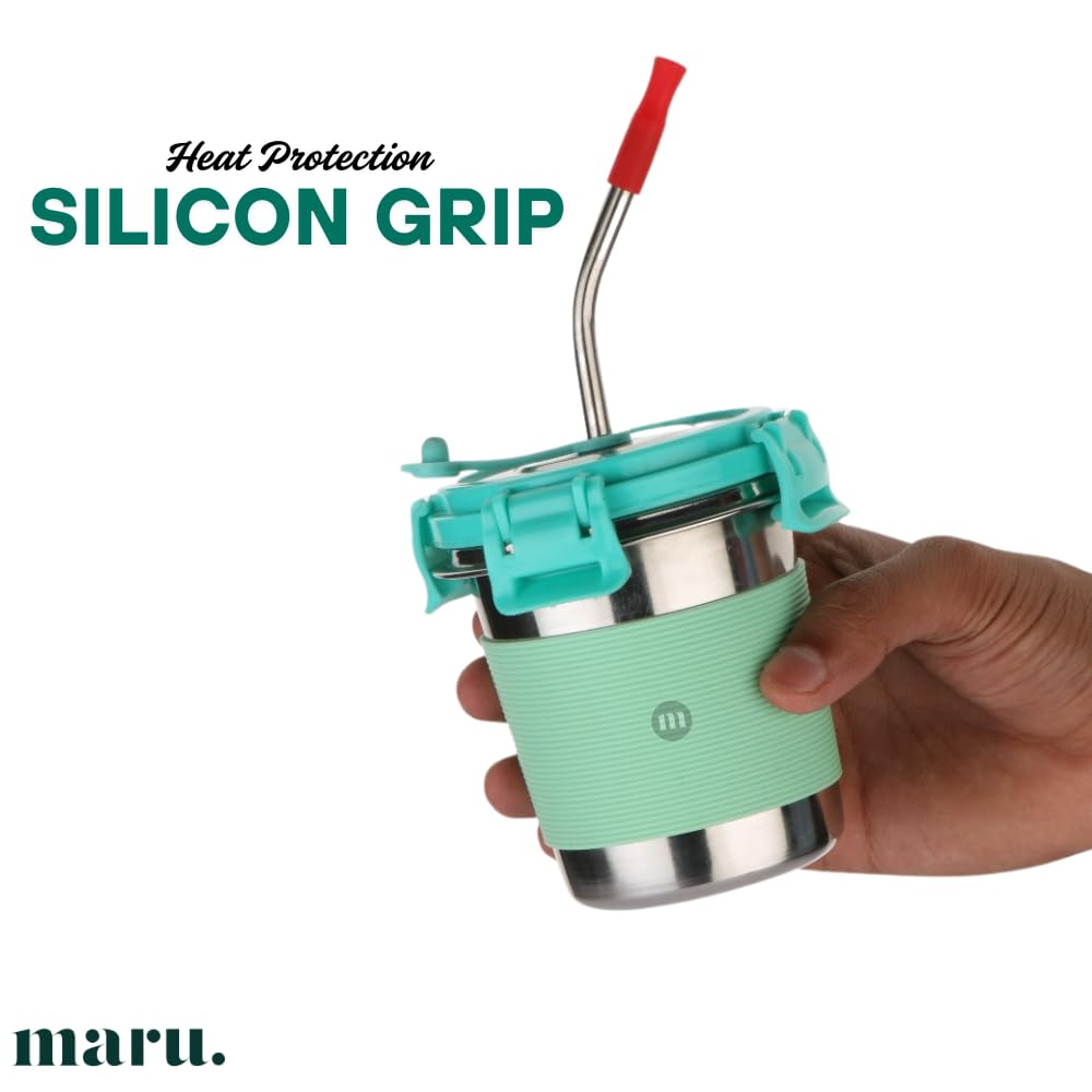 MARU Stainless Steel Tumbler with Lid & Straw 300ml, Durable & Leakproof Anti-Slip Silicone Grip Sipper Glass Tumbler for Kids, Travel-Friendly & Perfect for Everyday Use, Sea Green - Image 3 thumbnail