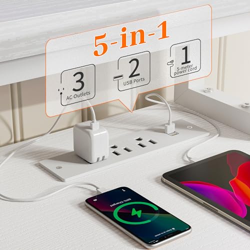 Image of EnHomee 56.5 inch Office Desk with Drawers & Printer Space for Home Work,White | Computer Desk with 3 AC Outlets& 2 USB Ports,40 inch*7 inch Long Monitor Stand,Side Pockets with Storage Space,Home Office,Bedroom