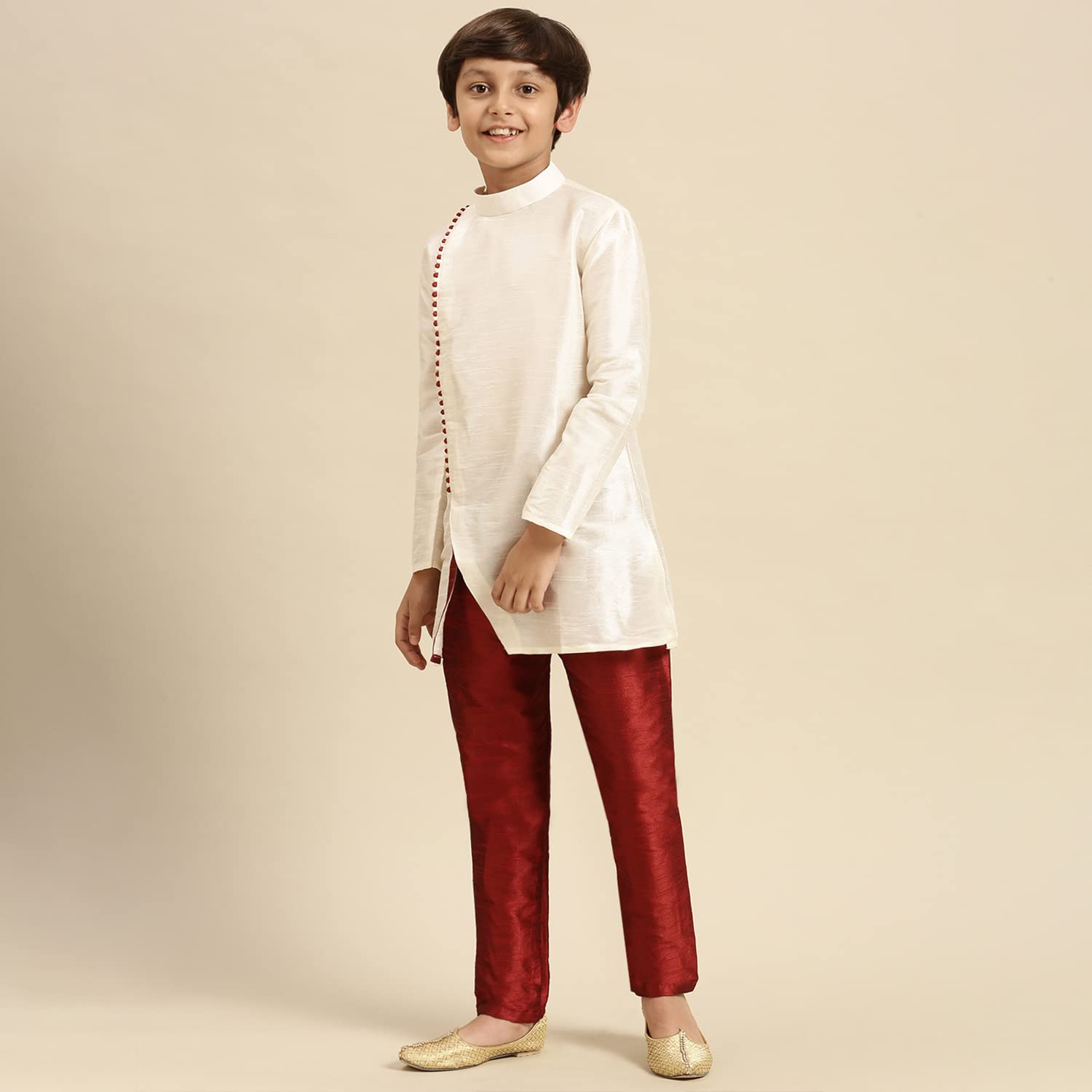 Sanwara Boys Solid Cream Art Silk Kurta 3