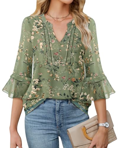Furnex Womens 3/4 Sleeve Tops Dressy Casual Elegant Blouses V Neck Shirts Floral Double Layered Chiffon Tunic3