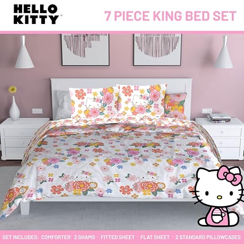 Image of Sanrio Hello Kitty King Comforter Set 7 Piece Floral Bedding, Multi | Bed in a Bag, Comforter Sheets Shams Pillowcases, Official Product, Soft Microfiber, Machine Washable, Girls Gift