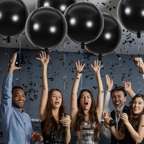Image of Round 4D Black Mylar Balloons, Large Black Foil Balloons for Black Decorations - 22 Inch, 6 Pack | Black Metallic Balloons Halloween Balloons for Halloween Decorations(Black)
