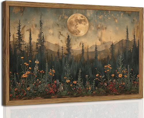 Original Slow Dance Frame Vintage Moon Forest Wall Art, 3D Textured Nature Landscape Wall Decor Paintings, Hand Drawn...