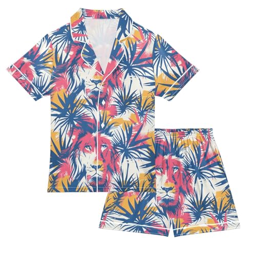 ALAZA Lion Palm Leaves Satin Pajamas Set Short Sleeve Button Down Sleepwear Summer Pjs 2 Piece