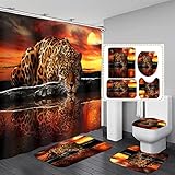 4 Pcs Leopard Cheetah Shower Curtain Set with Rugs, Toilet Lid Cover, Bath Mat,Waterproof African Animal Print Bathroom Decor Sets Accessories with 12 Hooks