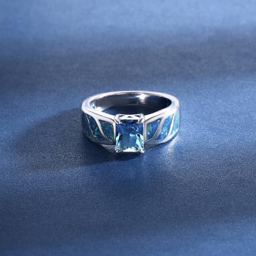 MDFUN Opal Engagement Halo Ring for Women Created Opal Cubic Zirconia 2 in 1 Rings Set 18k White Gold Plated Round CZ Promise Ring Bands Jewelry Gifts Size 5-103