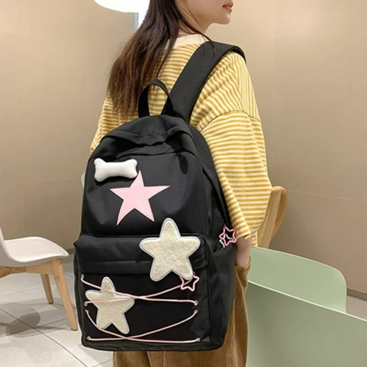 Preppy Backpack Cute Stars Pattern Korean Style Backpack Aesthetic College Book Bag for Work Travel (One Size,Black)3