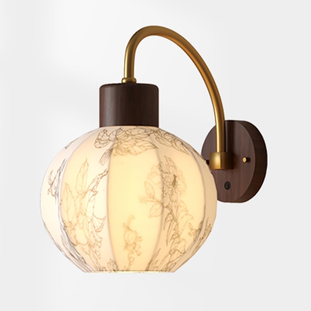 SXWNBIFH Mid-Century Wall Lamp with Walnut Wood Base & Brass Curved Arm, Floral Shade Wall Sconce, E27 Wall Lamp Fixture, Fabric Shade Bedside Light, Retro Accent Wall Lighting(1pack)