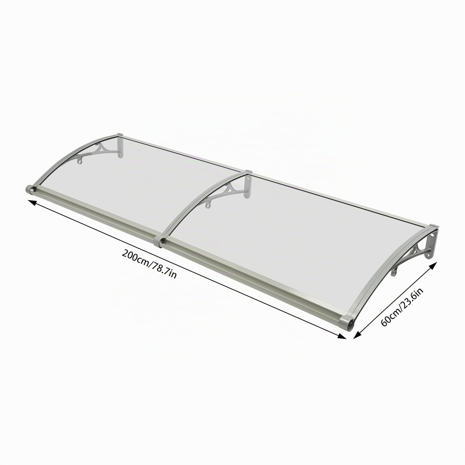 Marquesina para Puerta de casa, 200 x 60 cm, con Marco Plateado + Placa Transparente, toldo de Aluminio para Puerta de Entrada, toldo para Exterior, protección Solar y Lluvia