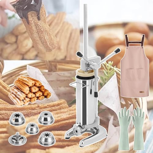 Relleno manual de churro, fabricante vertical de donas español, con 4 pares de guantes, 5 moldes y 1 delantal, material de acero inoxidable, uso vertical, para uso empresarial/familiar, ahorra tiempo