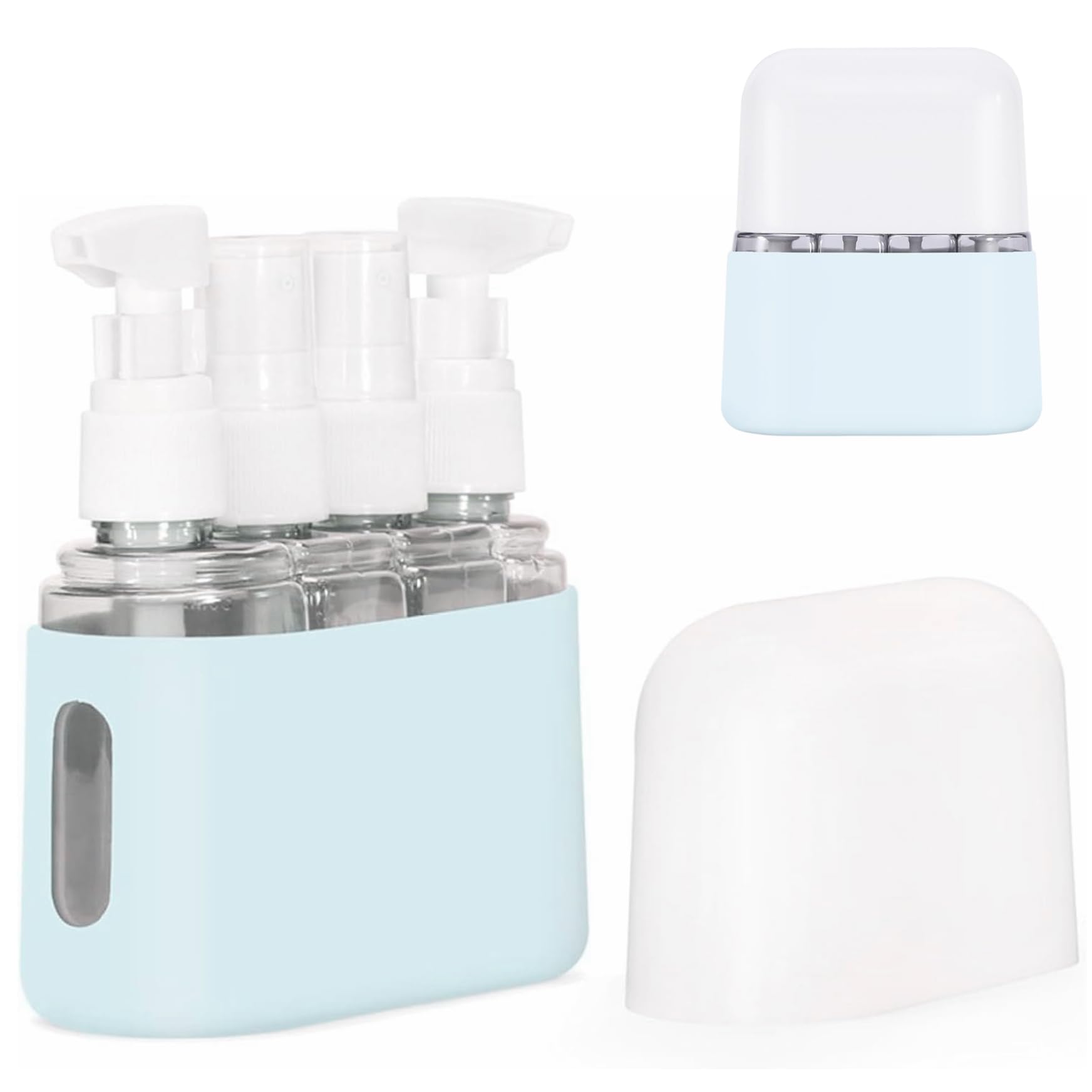 DAGLLGEW 4 in 1 Travel Dispenser Bottle, Leak Proof Travel Pump Bottle with Visual window, Portable Refillable Lotion Dispenser for Toiletries, Wathet Pump Bottles for Toiletries Soap