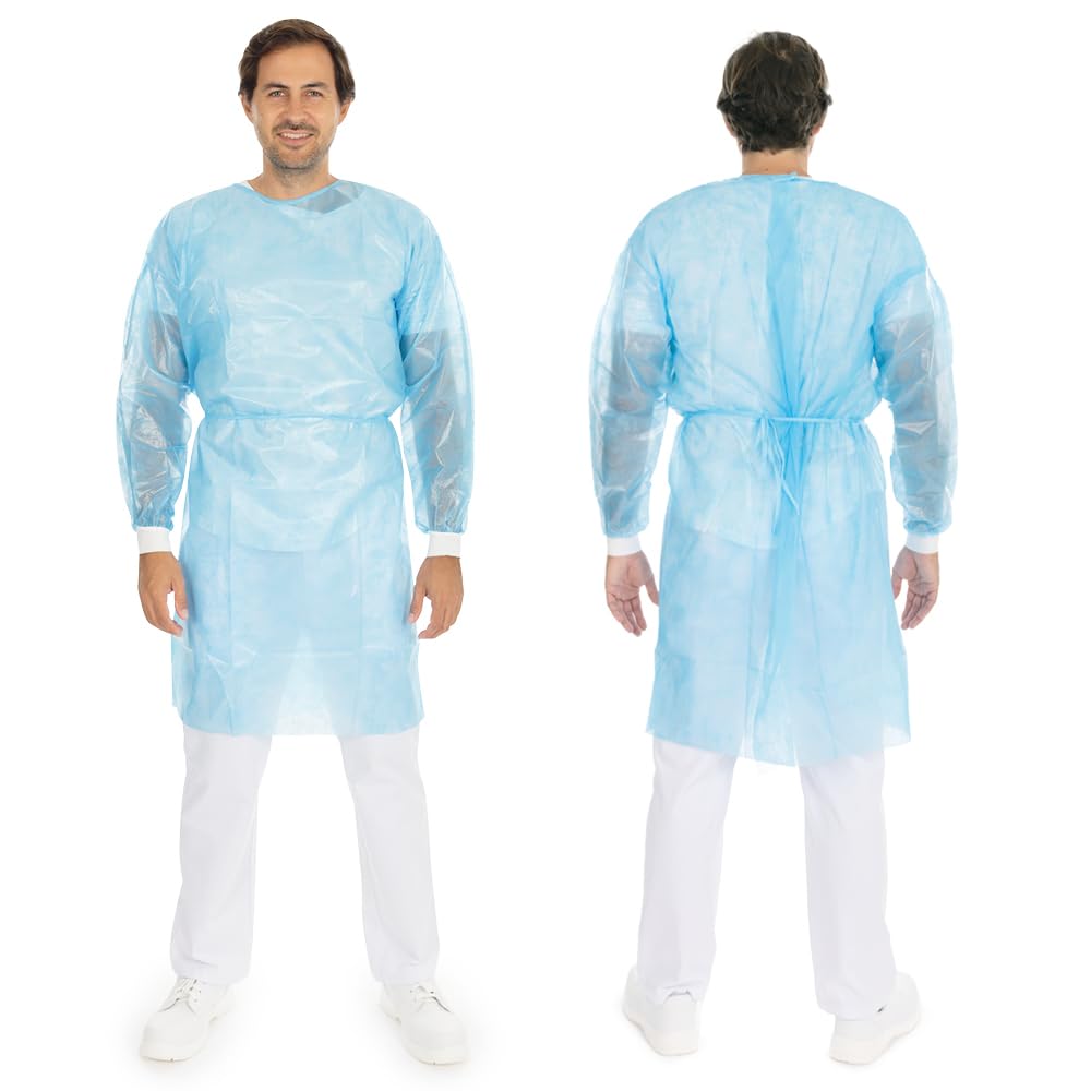 FRANZ MENSCH 100 Stück Hygonorm Kittel Med Light mit Klettverschluss | PP, PE teil-laminiert, blue, XL, L: 135cm, Umfang: 145cm, Box, Infektionsschutzkittel, PP-Schutzkittel, Einwegkittel