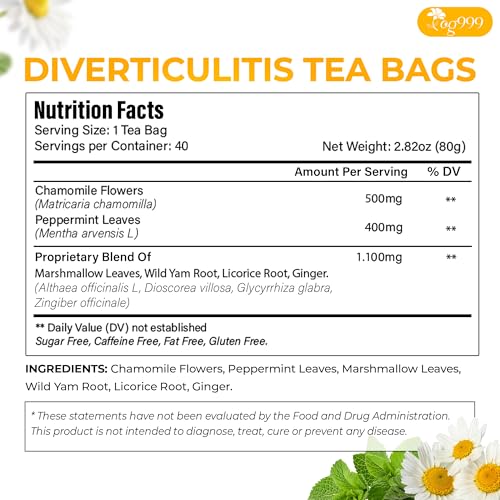 Image of TOG999, Diverticulitis Tea Bags | 40 Count | 100% Natural Chamomile, Peppermint, Marshmallow Leaf, Wild Yam Root, Licorice & Ginger Herbal Blend - Caffeine-Free Comfort Tea, Vegan.