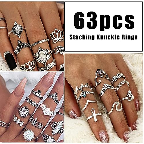 Zzhdcc 63 Pcs Knuckle Stacking Rings For Women Vintage Gold Silver Ring Set Adjustable Bohemian Joint Finger Midi Rings Turquoise Jewelry For Women Birthday Statement Rings Gifts #TOP1