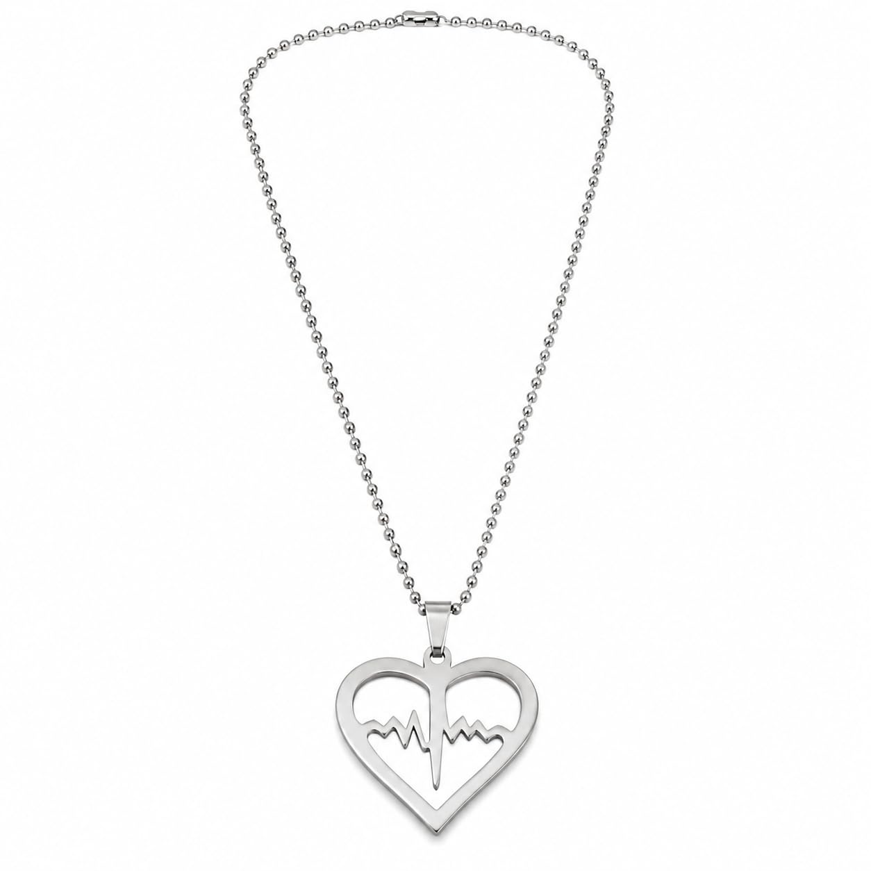 Lifeline Pulse Heartbeat Charm Open Heart Silver Stainless Steel Necklace Chain for Men and Women-image-19