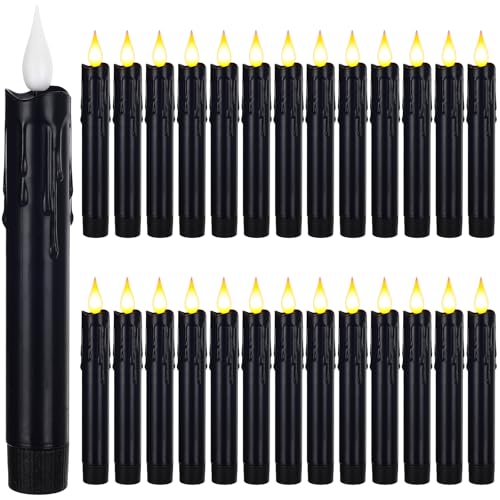 Image of 24 Pcs 6.5 Inch Black Flameless Taper Candles LED Candle Sticks Battery Operated Flickering LED Candlestick Window Plastic Candle for Wedding Halloween Christmas Decor(No Battery)